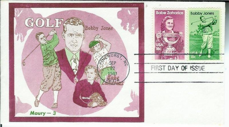 Golf DUAL FDC Bobby Jones + Babe Zaharias Pinehurst North Carolina by Maury