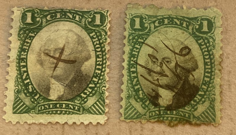 US RB1a, RB1b / 1c Green Washington Proprietary Stamps, Violet & Green Paper
