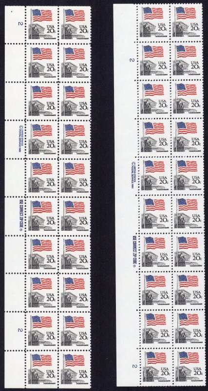 Scott #1894 & 1894e Flag over Supreme Court Plate Block of 20 Stamps - MNH P#2
