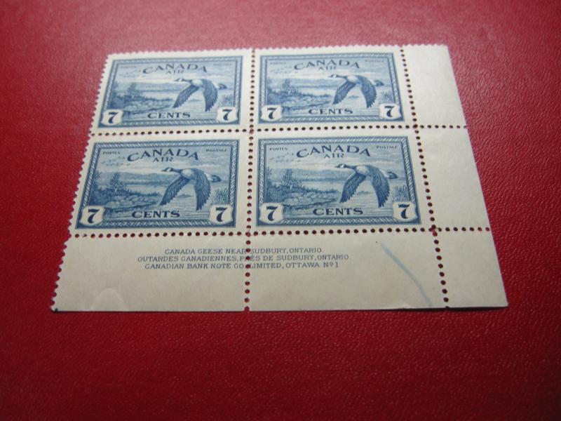 Canada Unitrade # C9 7c Canada Goose Near Sudbury,ON LR Plate #1 Block of 4 MNH