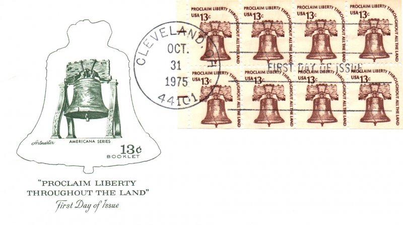 US 1595c Liberty Bell Booklet Pane of Eight Artmaster U/A FDC