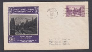 US Planty 742-3 FDCs 1935 3c National Parks, Ioor cachet, Longmire cancel, F-VF