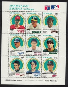 St. Vincent Baseball Players Sheetlet of 9v 1989 MNH SG#1294-1302