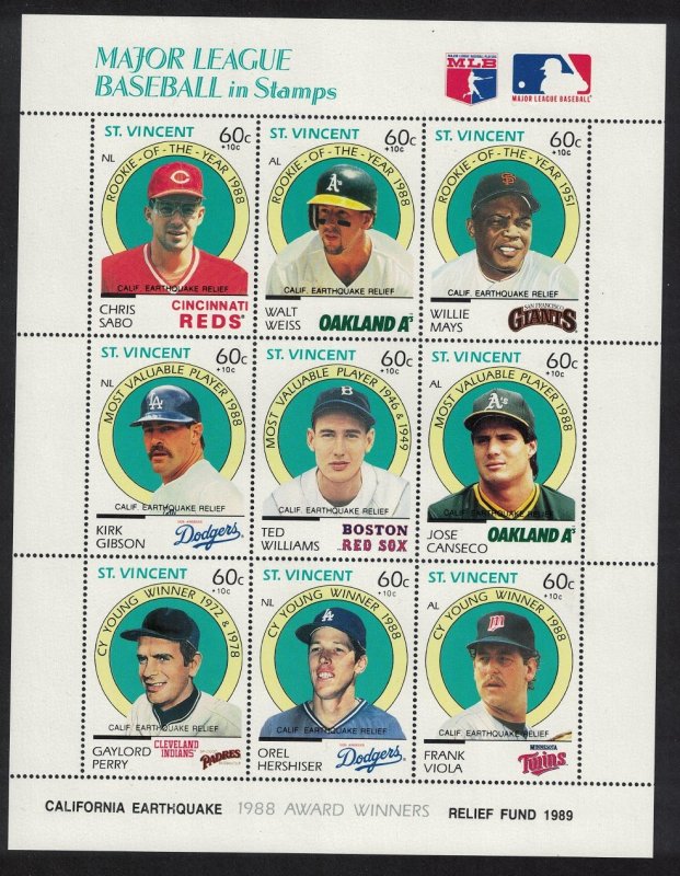 St. Vincent Baseball Players Sheetlet of 9v 1989 MNH SG#1294-1302