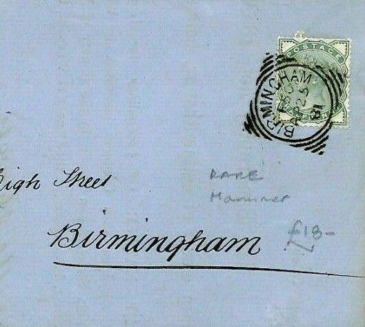 GB SG.164 Cover 1881 *BIRMINGHAM* Squared Circle RARE HAMMER {samwells}CT127