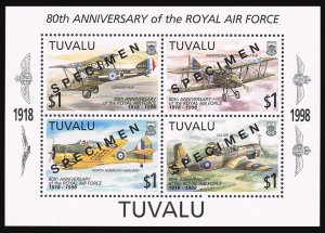 Tuvalu 763-766,767 sheet SPECIMEN,MNH.Mi 793-796,Bl.63. Royal Air Force,80,1998.