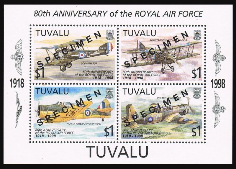 Tuvalu 763-766,767 sheet SPECIMEN,MNH.Mi 793-796,Bl.63. Royal Air Force,80,1998.