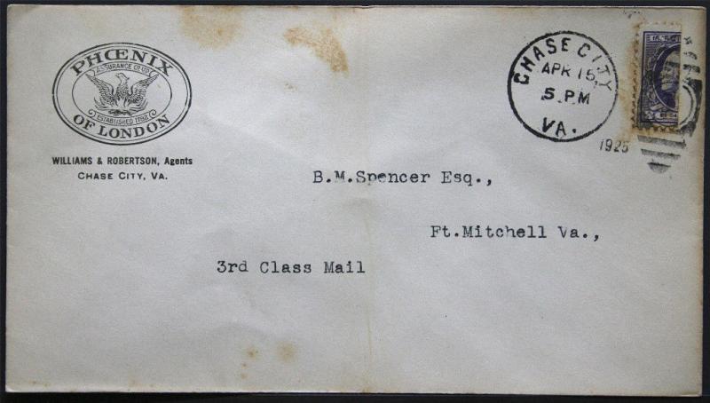 Cover - True 3 Cent Bisect to 1 1/2 Ct 3rd Class Mail rate - Chase Va S25