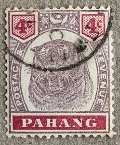 Pahang 1899 4c Tiger, used. Scott 14A, CV $19.50, SG 15