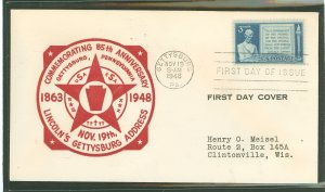 US 978 1948 3c Lincoln's Gettysburg address/85th anniversary on an addressed first day cover with an unknown cachet.