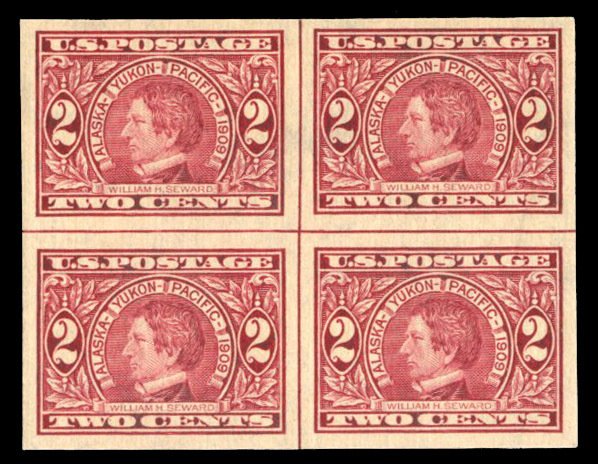 United States, 1904-9 #371 Cat$160, 1909 2c Seward, centerline block of four,...