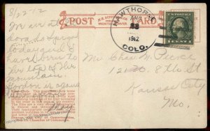 USA 1912 Colorado HAWTHORNE DPO Cover 94321