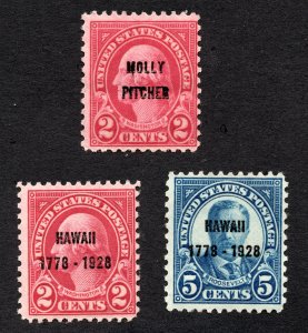 US 1926-28 Molly & Hawaii Stamps #646-648 MNH CV $30