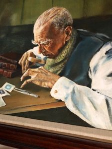 The Stamp Collector by J.Withey (1980) British Artist - Oil Painting 44x50 cm.