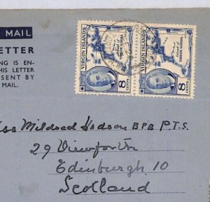 British VIRGIN ISLANDS Apsley AIR LETTER 8c KGVI*MAP* Pair 1953 Cover Edinr ZV58