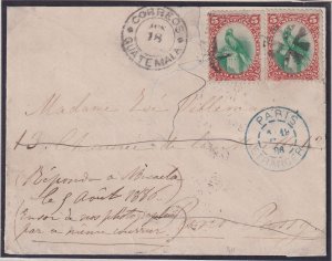 Guatemala, Scott 23, 2 singles star cancel to PARIS, France, cover faults