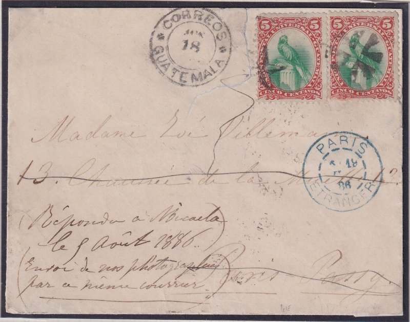 Guatemala, Scott 23, 2 singles star cancel to PARIS, France, cover faults