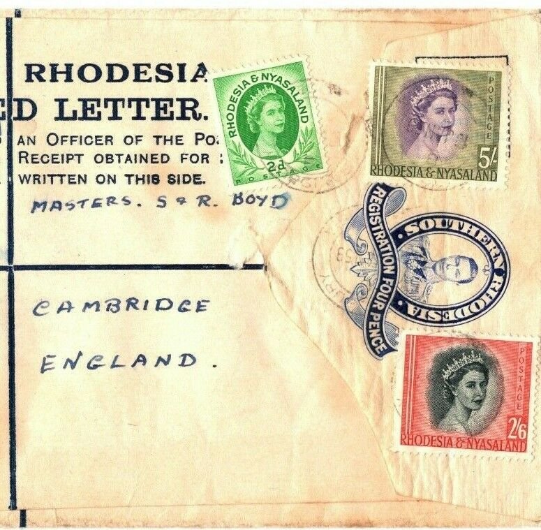 RHODESIA Cover REGISTERED KGVI STATIONERY Mixed Reign 1959 QEII HIGH VALUES EB87