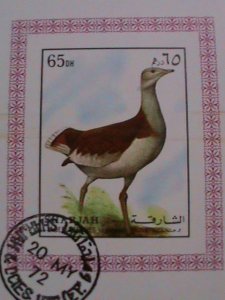 SHARJAH STAMPS: 1972 BEAUTIFUL COLORFUL BIRD CTO STAMP S/S WITH FIRST DAY CANCEL