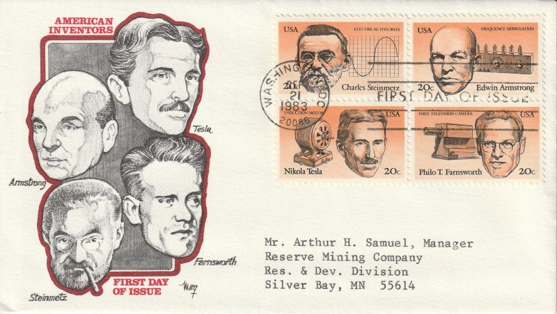 US 2055-2058 20c Inventors blk 4 FDC Marg Cachet w/ enclosure ECV $25.00