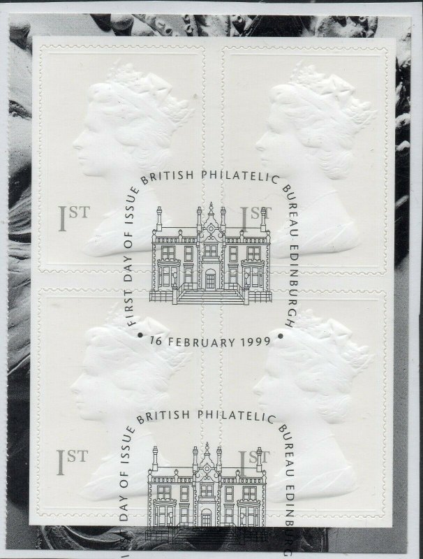 1999 Sg 2077l (1st) grey in colourless relief Booklet Pane Fine Used on piece