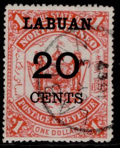 NORTH BORNEO - Labuan QV SG77, 20c on $1 scarlet, USED. Cat £14.