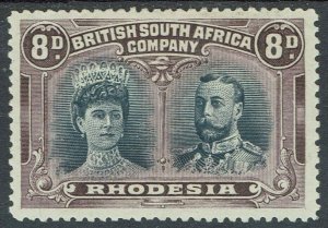 RHODESIA 1910 KGV DOUBLE HEAD 8D BLACK AND PURPLE WITH CERTIFICATE PERF 14 