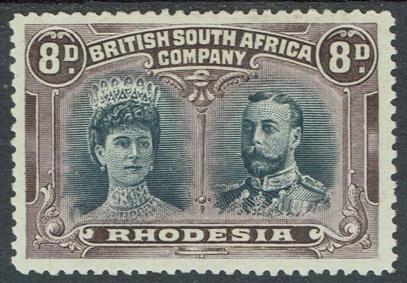 RHODESIA 1910 KGV DOUBLE HEAD 8D BLACK AND PURPLE WITH CERTIFICATE PERF 14 