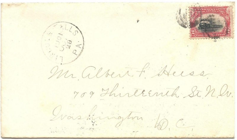 10/29/1901 cover Lincoln Falls, PA 8-page Ltr to A Huss 3 transit CDS on reverse