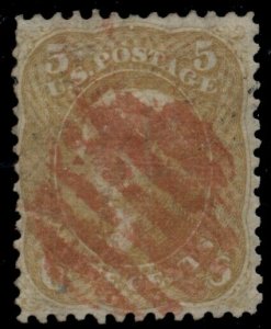 US #67, 5¢ buff, used w/red grid cancel, light creases, Scott $750.00