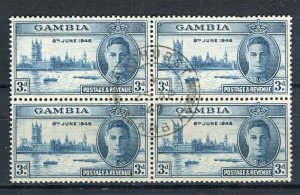 GAMBIA; 1946 early GVI Victory issue fine used hinged BLOCK of 4 fair Postmark