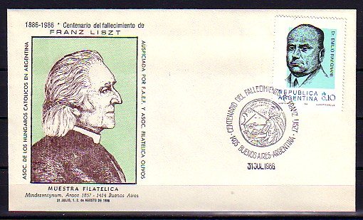 Argentina, 01/AUG/86 issue. Composer F. Liszt cancel on Cachet Cover. ^