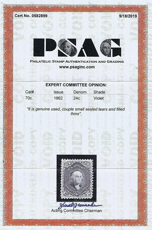 SC# 70c, USED 24 CENT, WASHINGTON, 1862,  2019 PSAG CERT