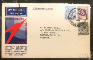 1933 Singapore Straits Settlements first Flight cover FFC To London England