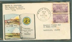 US 738 1936 3c Oregon Territory Centennial (pair) on an addressed (typed to France) first day cover with a Walla Walla, WA cance