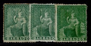 BARBADOS QV SG, 1861-70 ½d shades, no wmk, three shades, UNUSED. Cat