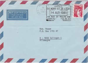 France 1981 Airmail Hotel North & East Slogan Stamp Cover to Germany Ref 29834