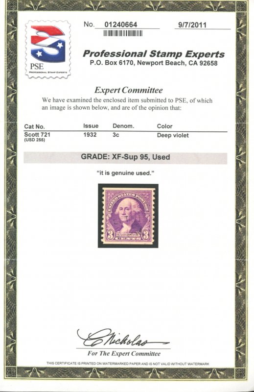 U.S. #721 USED WITH PSE CERT XF-SUP 95