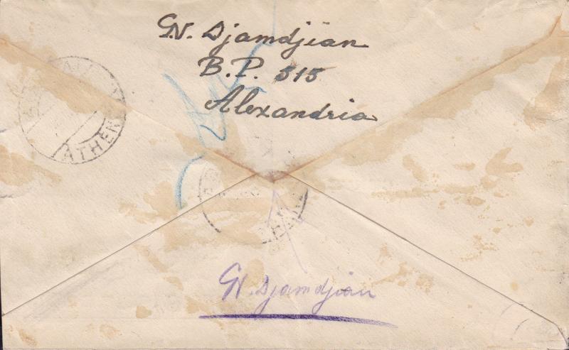 Egypt c1926 Registered Cover Alexandria to Athens, Greece. Armenian Mail.