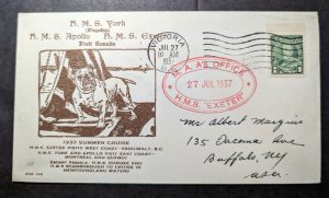 1937 Canada Ship Cover Victoria BC to HMS Exeter to Buffalo NY USA