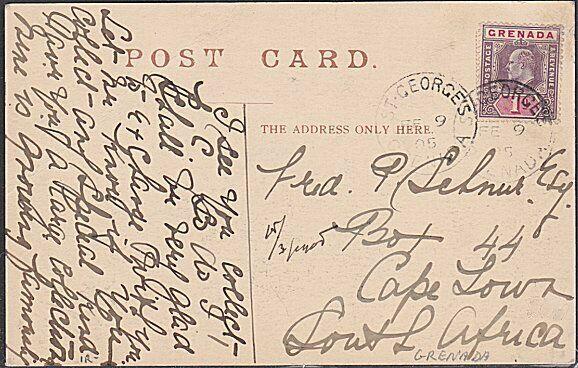 GRENADA 1905 Picture postcard - EVII ½d St Georges cds to South Africa.....54757