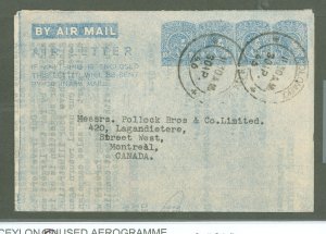 Ceylon  1946 Aerogramme 10c x 4 Colombo to Canada One panel starting to separate