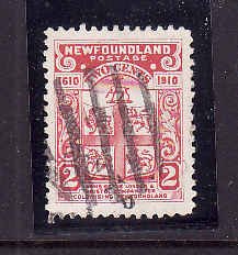Newfoundland- Sc#88-used 2c carmine Coat-of-Arms-id#9175-1910-