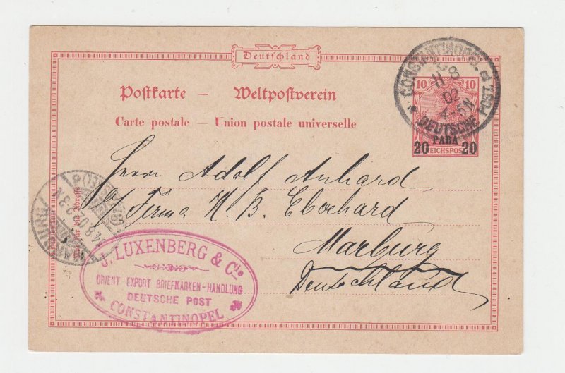 GERMANY OFFICES IN TURKEY 1902 20pa CARD CONSTANTINOPLE-MARBURG (SEE BELOW) 