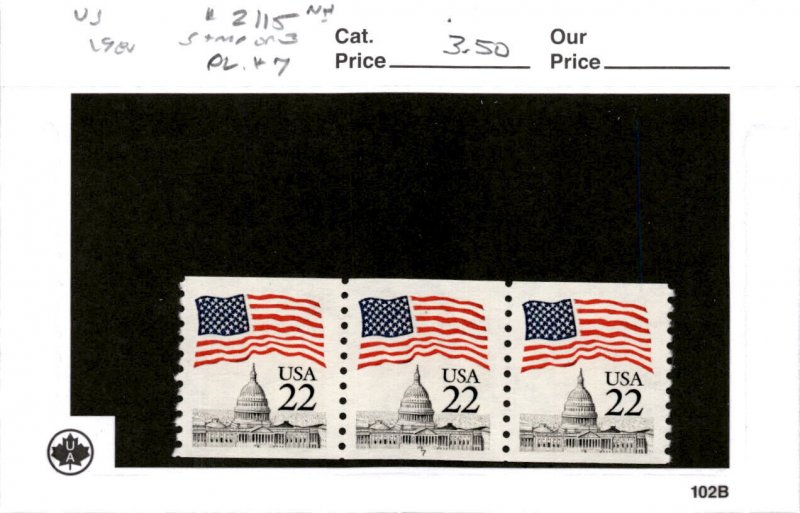 United States Postage Stamp, #2115 Strip Mint NH, 1985 Flag PL#7 (AF)