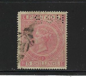 GREAT BRITAIN SCOTT #57A 1867 VICTORIA 5 SHILLING PLATE 2 (PALE ROSE) - USED