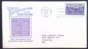 Scott #835 - VF - 3c Constitution - Used on FDC - 1938