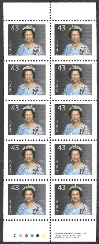 Canada #1358avi 43¢ Queen Elizabeth II (1994). Pane of 10 stamps. MNH