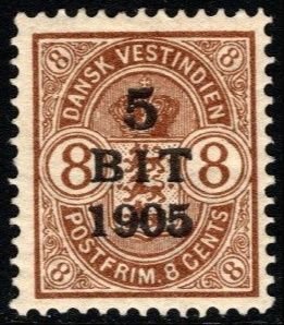 1905 Danish West Indies Scott #- 42 5 Bit/8 Cents Overprint Unused