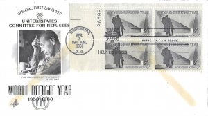 1960 FDC, #1149, 4c World Refugee Year, Art Craft, plate block of 4